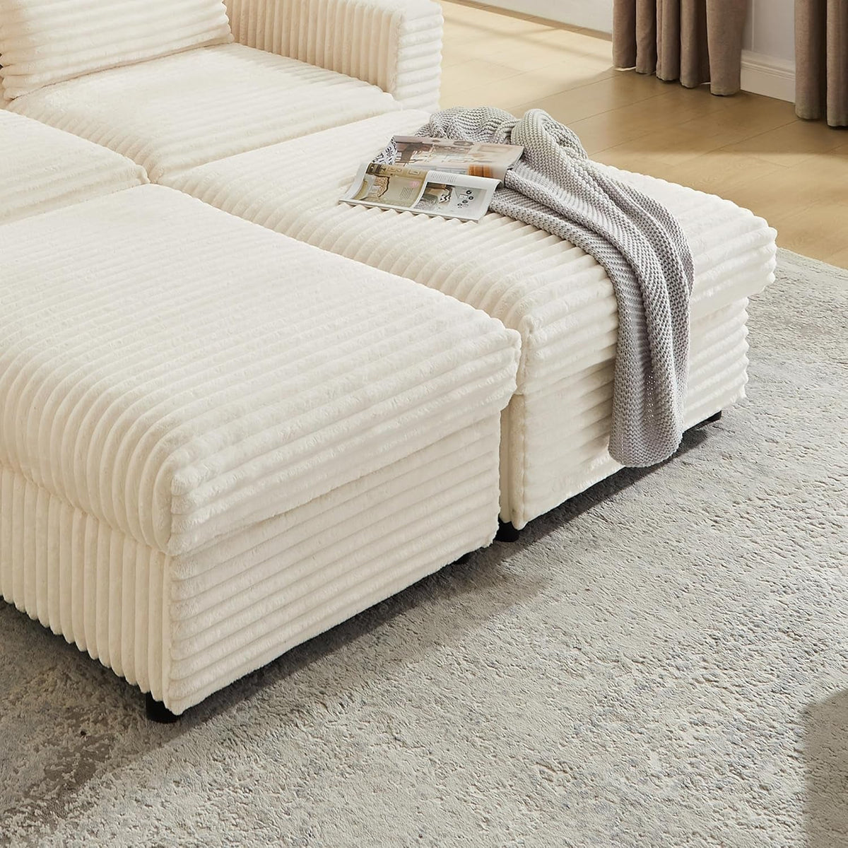 Corduroy Storage Ottoman Beige Cushioned Living Room