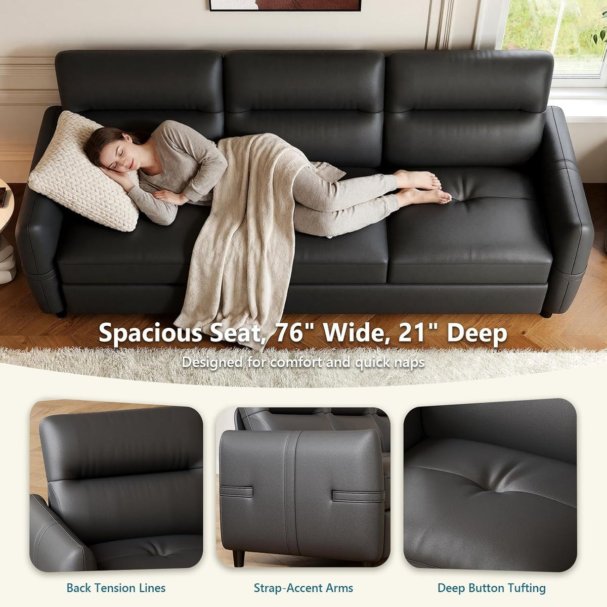85Inch Black Faux Leather Executive Sofa USB Charging Ports