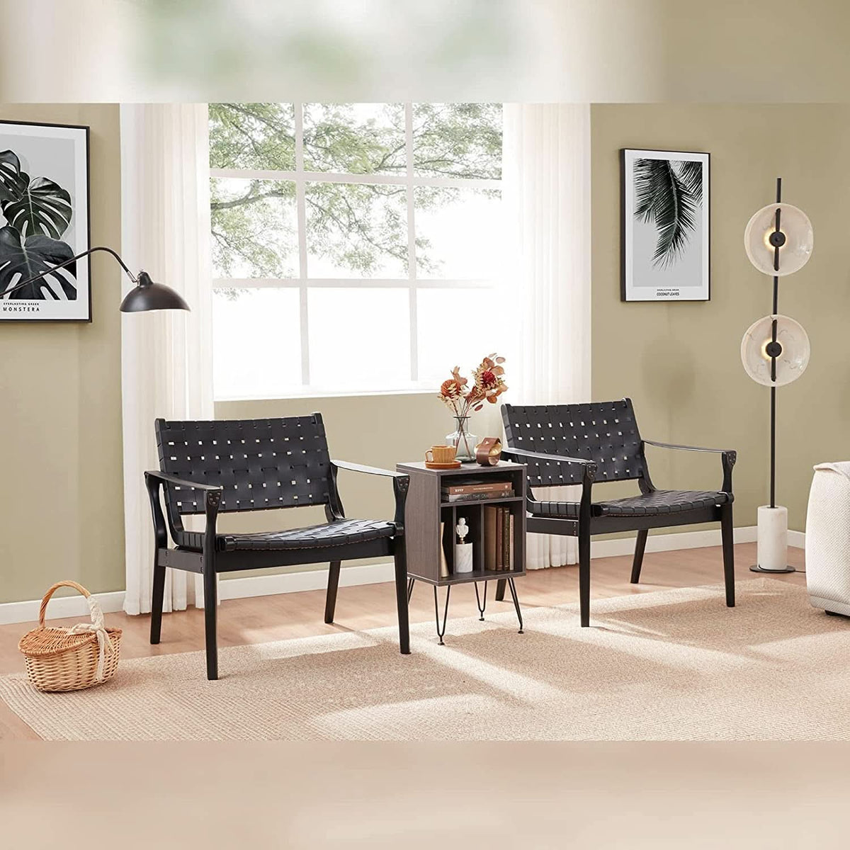 Scandinavian Woven Leather Chair With Natural Wood Frame