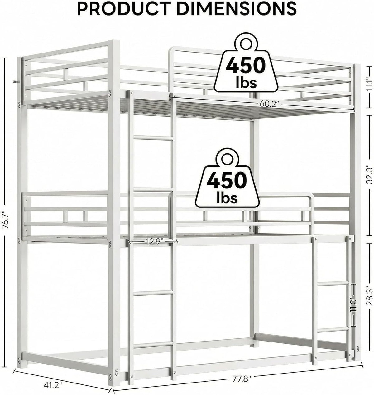 White Industrial Three Tier Twin Bunk Bed Guardrails